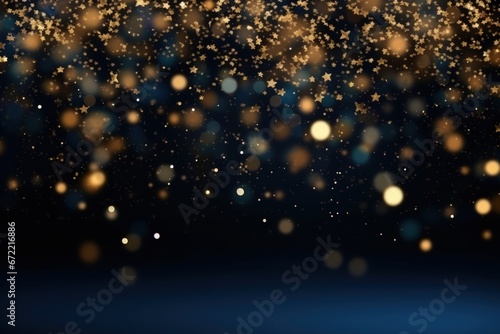 Abstract gold bokeh and shimmer on dark blue background. © ant