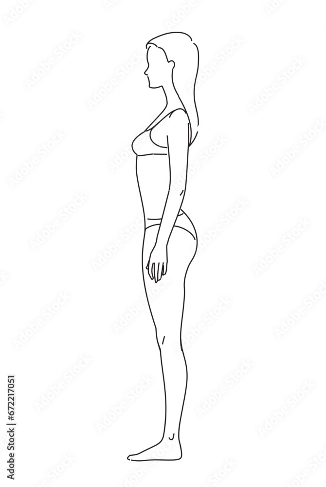 Woman body. Full-length standing portrait. Body-positive female. Front, 3 of 4, side views shape figure. Vector fashion silhouette outline line illustration Woman body. Full-length standing portrait. Body-positive female. Front, 3 of 4, side views shape figure. Vector fashion silhouette outline line illustration