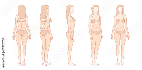Woman body. Full-length standing portrait. Set of body-positive female. Five angles figure front, 3 of 4, side views shape. Vector fashion silhouette outline line illustration