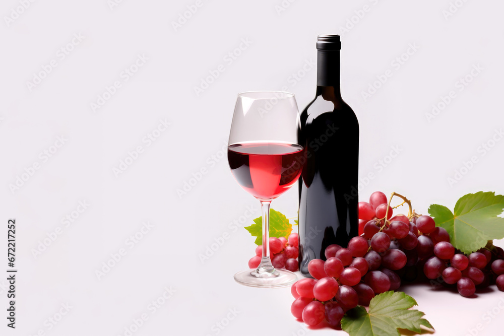 Fototapeta premium Glass of red wine, bottle and grapes on white background with copy space
