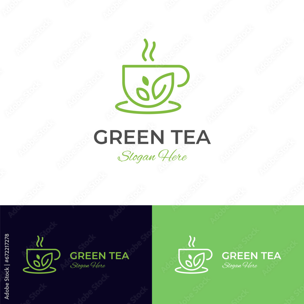 Green tea cup logo icon design with teal leaves and mug graphic element symbol for Natural drink vector logo template Green tea cup logo icon design with teal leaves and mug graphic element symbol for Natural drink vector logo template