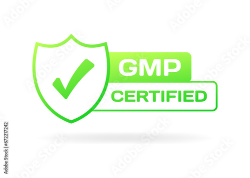 GMP Certified sign. Flat, green, shield with tick, GMP Certified sign. Vector icon