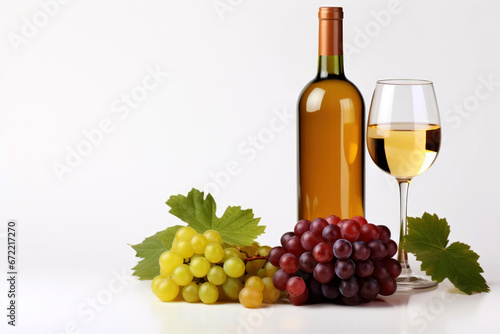 Glass of white wine, bottle and grapes on plain background with copy space