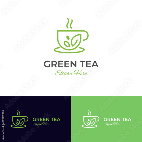 Green tea cup logo icon design with teal leaves and mug graphic element symbol for Natural drink vector logo template