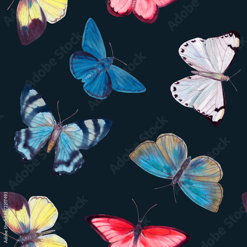 Abstract seamless pattern, pink butterflies on a green background..Watercolor butterflies for design, packaging, greeting cards..Delicate watercolor butterflies on a dark green background. © Sergei