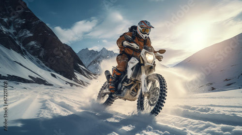 Snowy Adventure and Extreme Sports, Motorbike on Frosty Terrain, Winter and Action