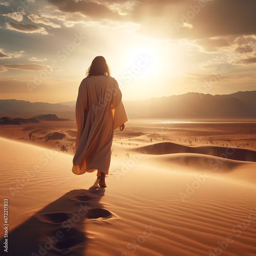 Jesus walking away in the desert photo