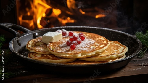 Pancakes are fried in a frying pan, fire in the background