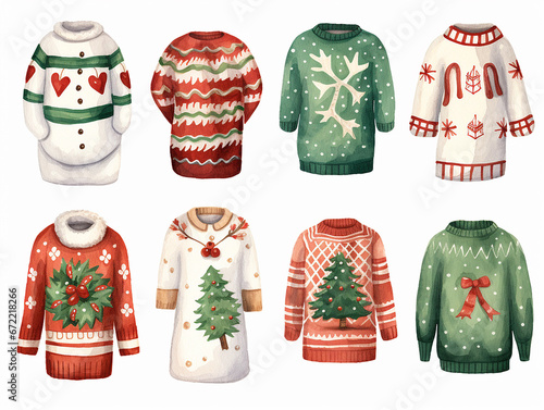 Collection of ugly Christmas sweaters isolated on a light background. Set of handmade knitted woolen winter