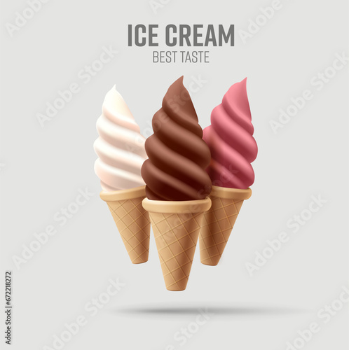 Realistic soft ice cream in waffle cone. Soft serve ice cream, 3d vector american sundae swirl in three flavors, chocolate, vanilla and berry