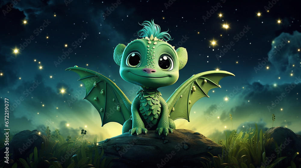 Obraz premium 3d illustration of a cute green dragon in the starry space Fantasy. Cute cartoon style