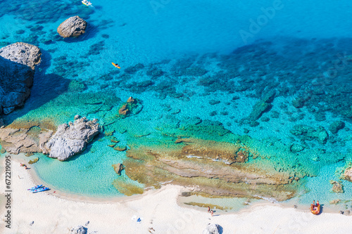 Amazing view of Praia di Fuoco and Spiaggia di Ficara from Capo Vaticano - beautiful beach and coast scenery - travel destination in Calabria  Italy