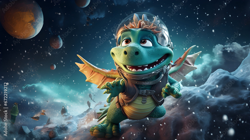 Cute cartoon style; The outer space sky is dotted with planets and stars, a huge green dragon flies at high speed across the sky Cute cartoon style; The outer space sky is dotted with planets and stars, a huge green dragon flies at high speed across the sky