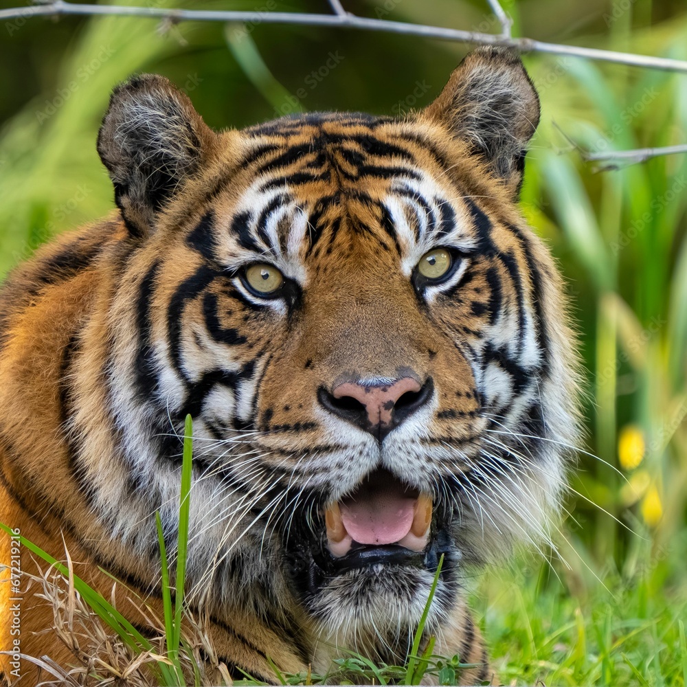 Fototapeta premium a tiger looks around his enclosure as it sits on the grass