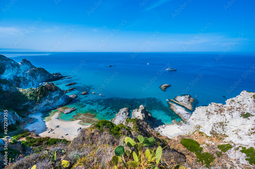 Amazing view of Praia di Fuoco and Spiaggia di Ficara from Capo Vaticano - beautiful beach and coast scenery - travel destination in Calabria, Italy