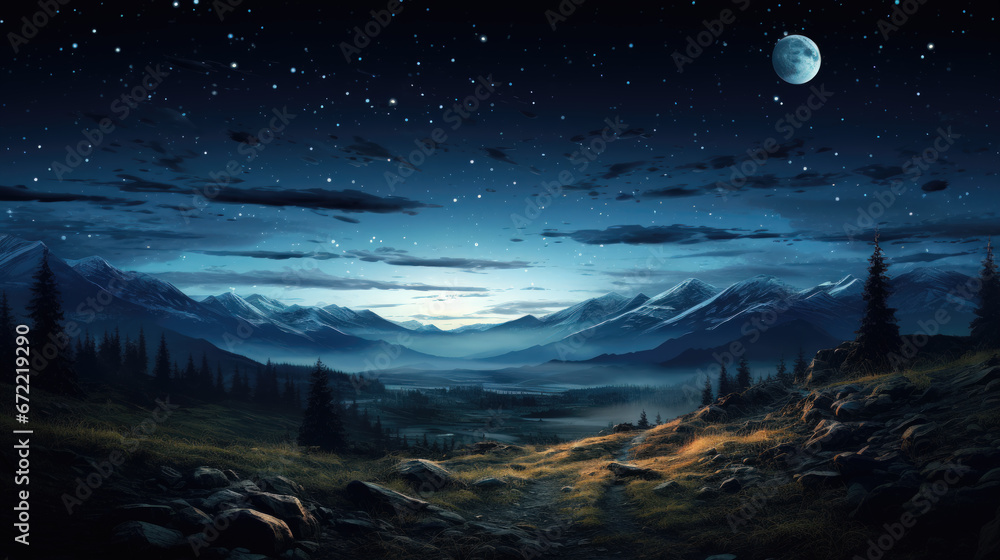 Nocturnal Vision A Night Scene of a Mountain View with a Lunar Skyline Nocturnal Vision A Night Scene of a Mountain View with a Lunar Skyline