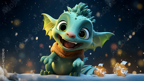 3d illustration of a cute green dragon in the starry space Fantasy. Cute cartoon style