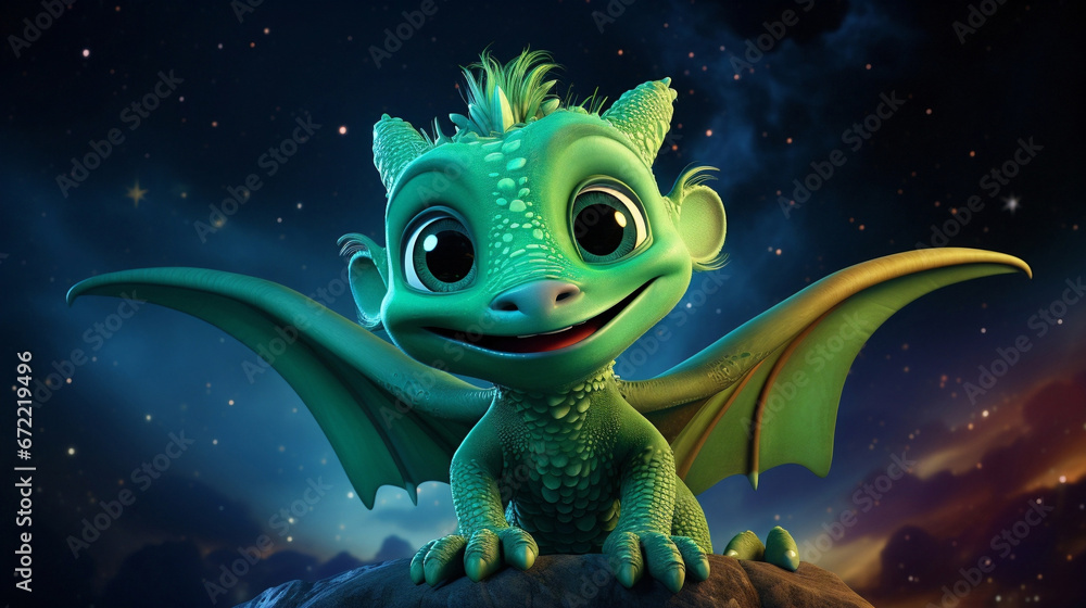 Obraz premium Cute cartoon style; The outer space sky is dotted with planets and stars, a huge green dragon flies at high speed across the sky Funny green dragon in the snow. 3D illustration. Fantasy.