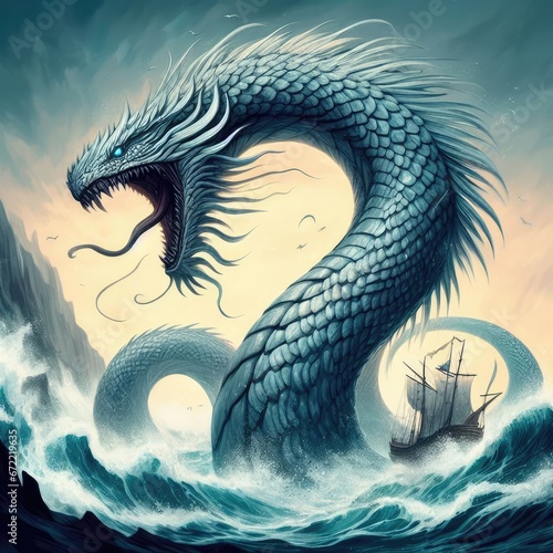 sea dragon in the water japanese illustration background