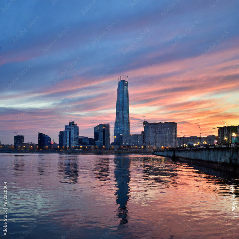 Sunset Over the Reflective City Skyline