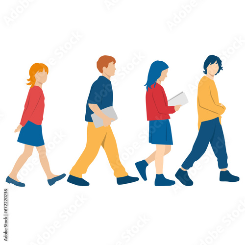  Set of boys and girls walking, profile, different colors, cartoon character, group of silhouettes of walking 
 teenagers,   design concept of flat icon, isolated on white background
