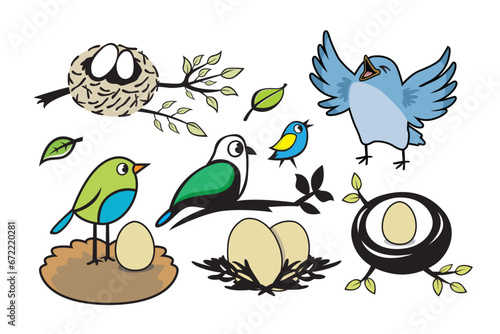 Set of birds in the nest with eggs and leaves. Vector illustration.