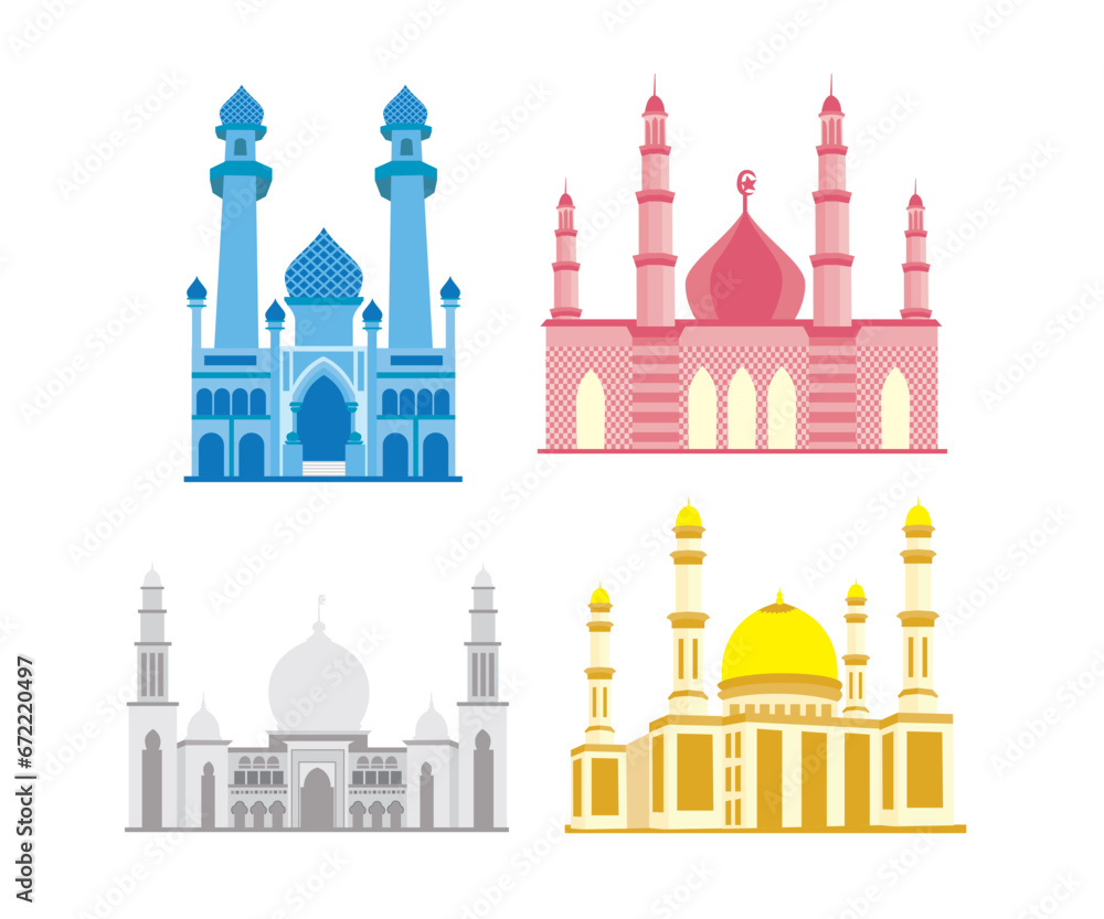 Religion buildings vector illustrations. Islamic mosque architectural objects 
