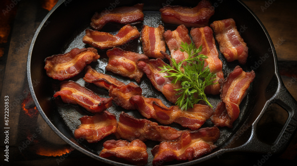 delicious bacon cooking in a pan Generative AI