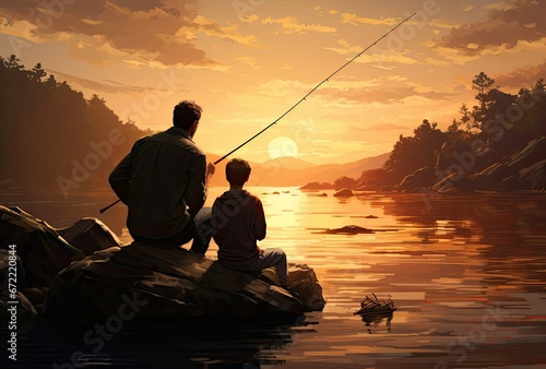 silhouettes of a father and son fishing