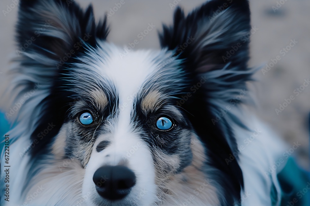 Portrait of a dog of breed border collie with blue eyes. Generative AI.