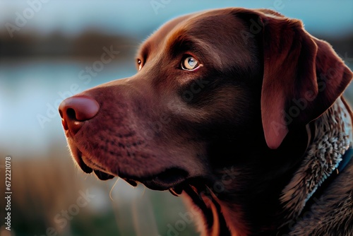 Portrait of a labrador dog on a background of the lake. Close-up. Generative AI.