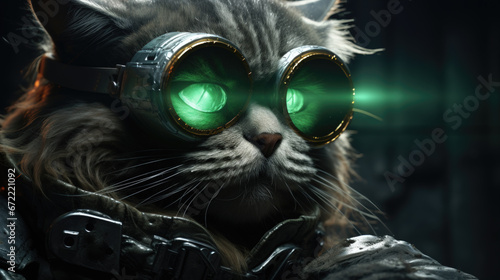 Military Cat A Feline with AR Goggles and a Knife in a Dark Background photo