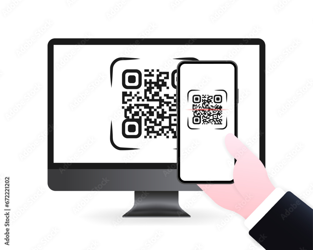 Scan QR code. Flat, gray, QR-code on the computer screen, scanned by phone. Vector illustration Scan QR code. Flat, gray, QR-code on the computer screen, scanned by phone. Vector illustration