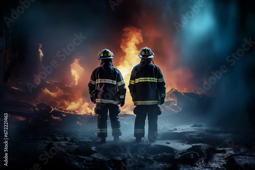 two firefighters look against the background of smoke