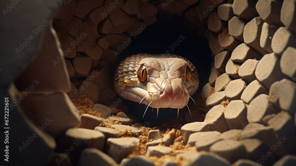 Fototapeta premium Curious Snake A Reptilian Creature Peeking from a Cave Entrance