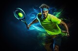 Man tennis player with tennis racket in his hand in action pose
