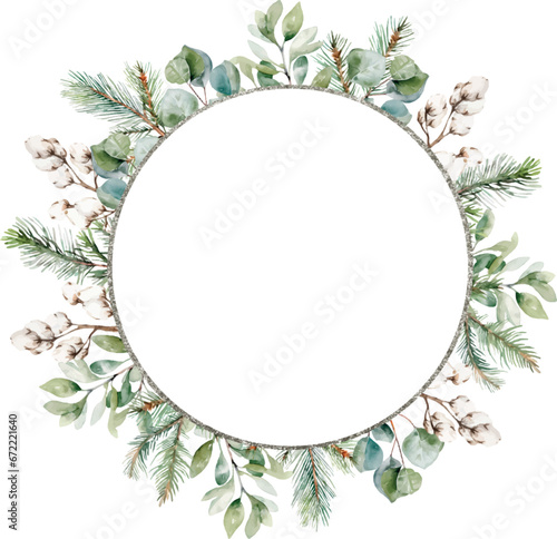 Watercolor winter greenery circle silver border frame  Christmas card circle template. Hand painted pine and fir tree branches  cotton. Winter Holiday. Greeting cards  invitation  celebration  wedding