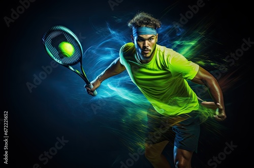 Man tennis player with tennis racket in his hand in action pose © jambulart