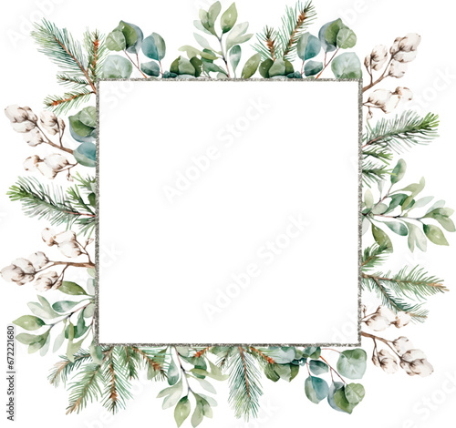 Winter Square silver Frame with fir branches, eucalyptus, pine, cotton. Watercolor, vector illustration. Template with space for text and greeting cards, invitation, celebration, wedding, party, mood 