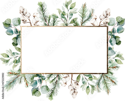 Watercolor winter greenery frame, Christmas card template. Hand painted pine and fir tree branches, cotton. Golden border. Template with space for text, greeting cards, invitation, decoration, print.