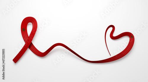 3d Flag Of Morocco Heart Shape Shiny Wavy Awareness Ribbon flag On White Background 3d illustration