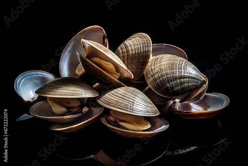 Generative AI : Multiple asari clams on a white background photo