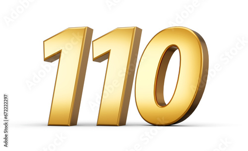 3d number 110 one hundred ten Gold text isolated on white background 3d illustration