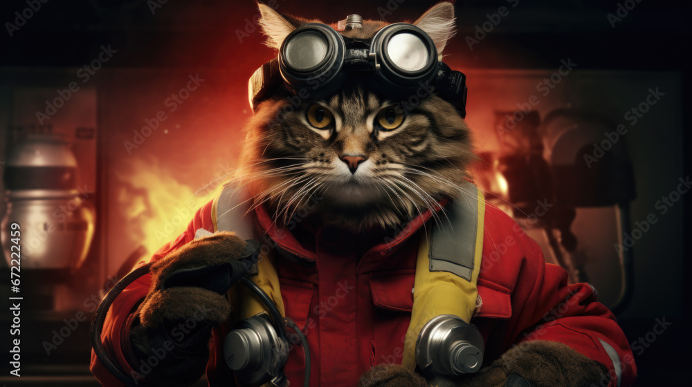 Fire Rescue Cat A Heroic Feline with Thermal Goggles and a Fire Extinguisher