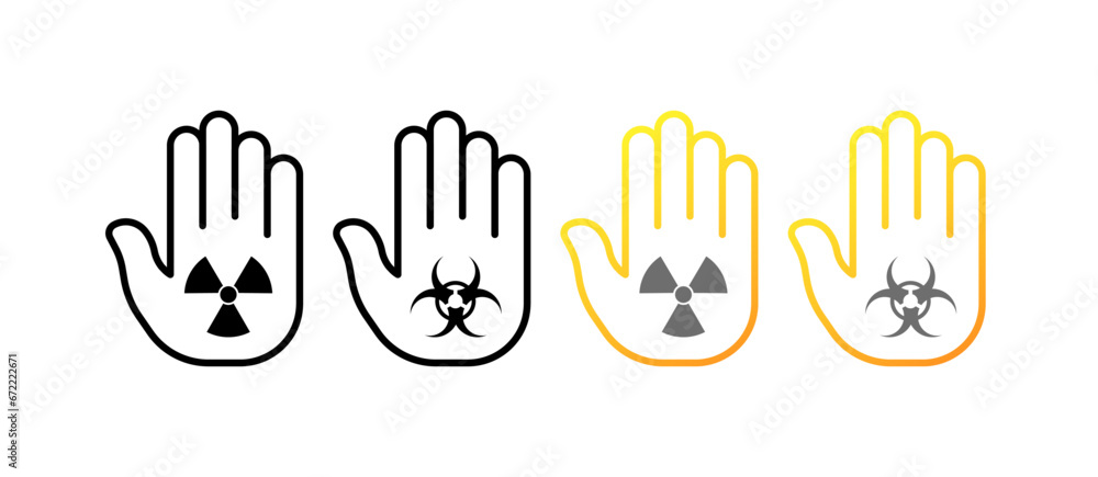 Stop radiation icons. Outline, palm with radiation sign, stop palm. Vector icons Stop radiation icons. Outline, palm with radiation sign, stop palm. Vector icons