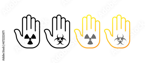 Stop radiation icons. Outline, palm with radiation sign, stop palm. Vector icons