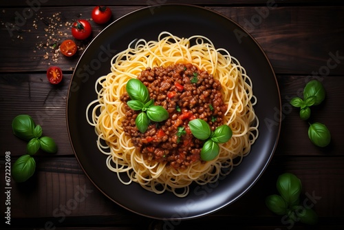 Generative AI : bolognese dish made with lentils and served with pasta and parmesan cheese