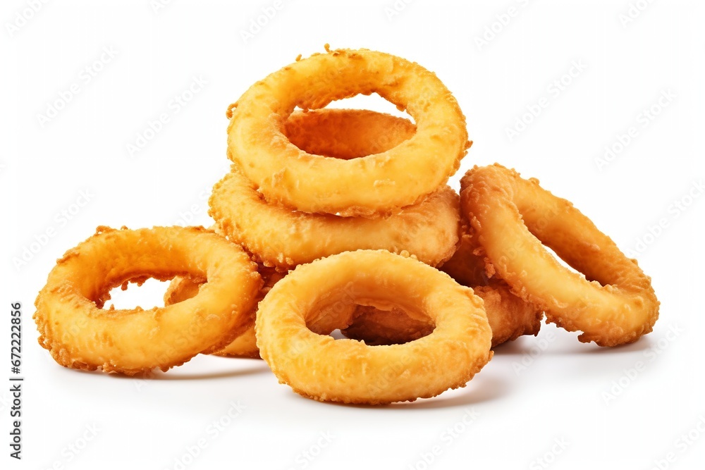 Generative AI : Fried onion rings on white background