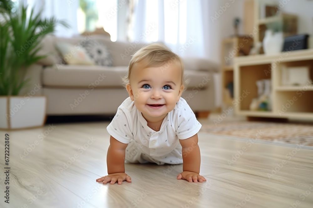 Generative AI : happy smiling baby boy crawls on the home floor Generative AI : happy smiling baby boy crawls on the home floor
