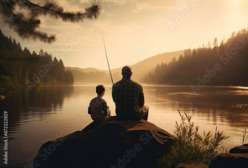 silhouettes of a father and son fishing